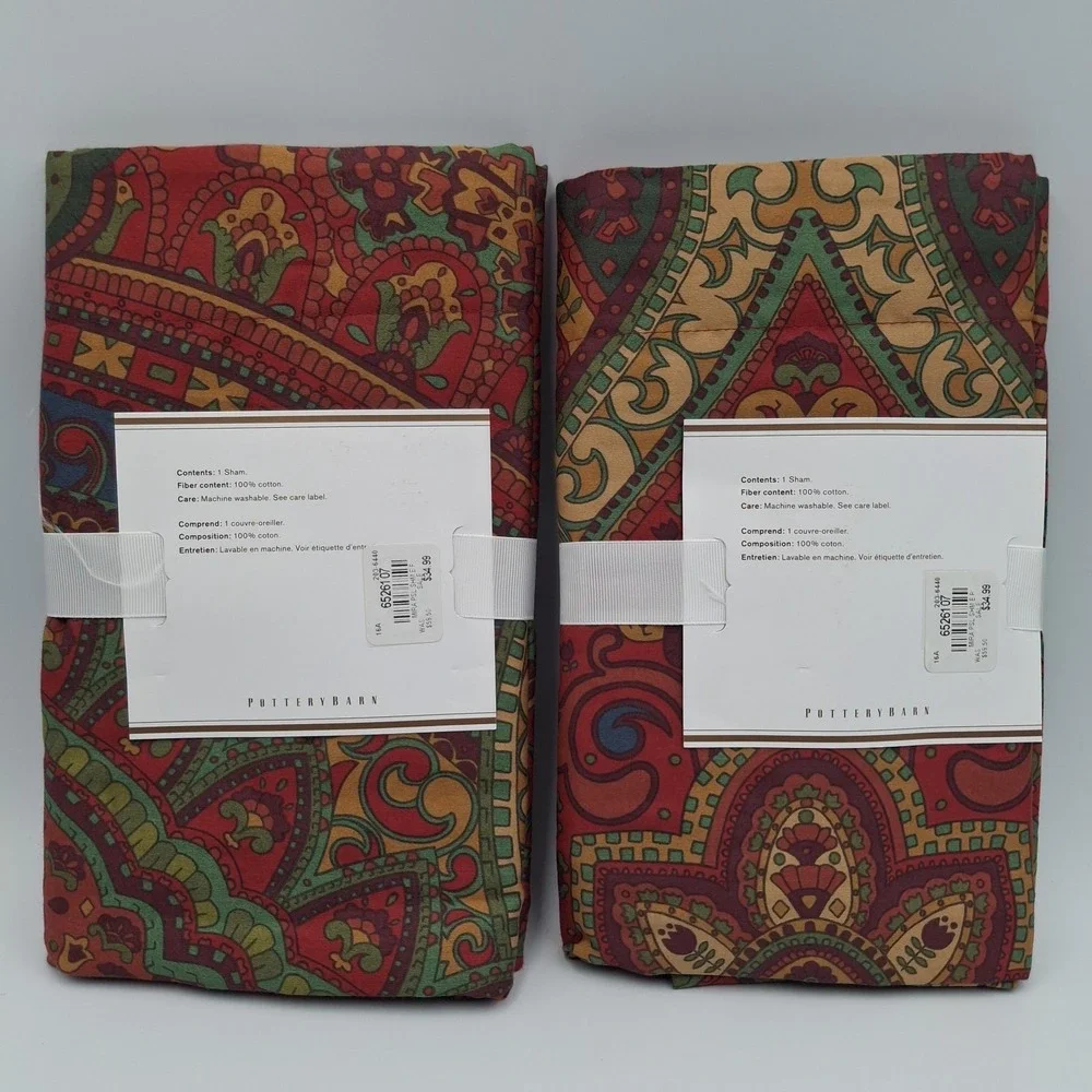 Pottery Barn Mira Paisley‎ Euro Sham Set of 2 Red Green Gold 26x26 Cotton NIP